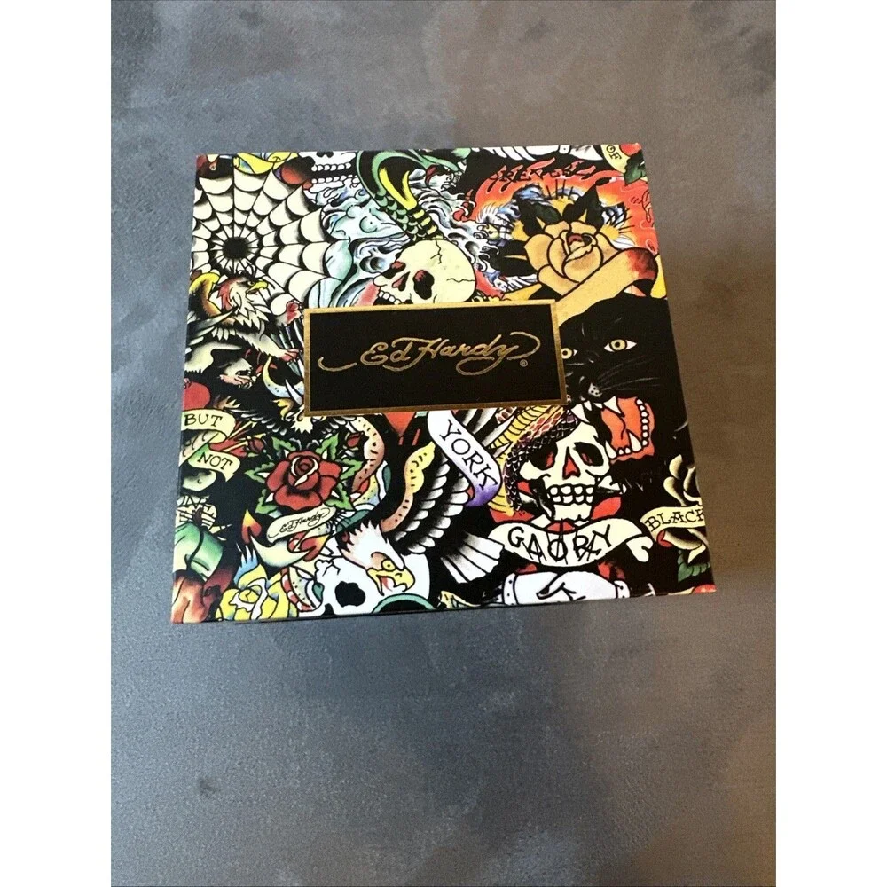 Ed Hardy Watch New In Box Black Stainless Steel Rose Gold Quartz Screw Accent